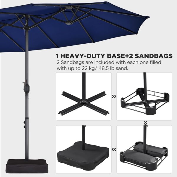0065362b533541789d17dd899981acd5 15 ft Large Patio Umbrella with Solar Lights Double-Sided Outdoor Rectangle Market Umbrellas with 36 LED Lights/Base Included/Easy Crank for Patio Garden Yard Pool Lawn, Brown