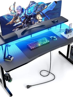 GTRACING 55 Inch Gaming Desk with LED Lights, Computer Gamer Desk with Monitor Stand, Ergonomic Carbon Fiber Surface Gaming Table with Mouse Pad for Home Office, RGB