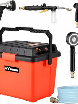 Portable Outdoor Shower System, 6.6-Gallon, High Pressure, Battery Powered, 12000mAh, with Pump & Garden Hose Nozzles, Ideal for Camping
