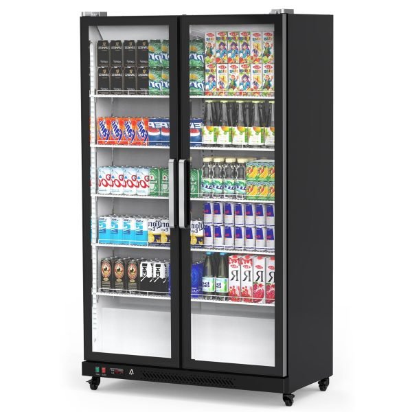 Commercial Refrigerator, Glass Door with LED Lighting – Upright Beverage Display Cooler for Home, Store, Gym, or Office, Featuring Double Swing Doors and 39 cu.ft
