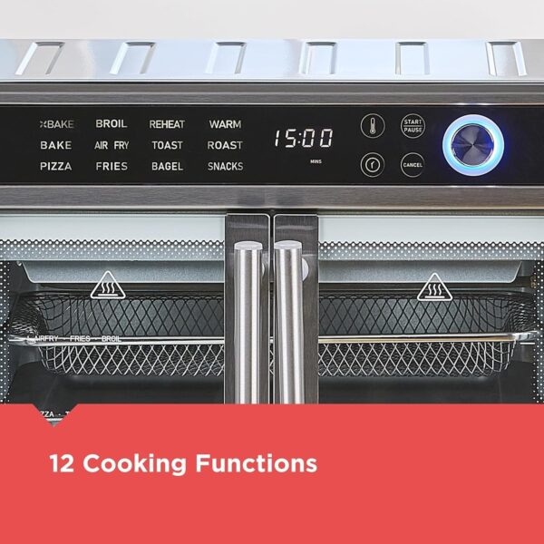 Crisp ‘N Bake Air Fryer Toaster Oven Combo, 12 in 1 Countertop Convection Oven Cooks Food Fast, Fits a Whole Pizza or 6 Toast Slices, French Doors with Stainless Steel Finish