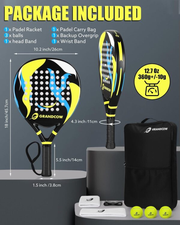 Padel Racket raqueta pala de Padel Tennis Racket Set Beginner Full Package with Cover, 3 Balls, Headband, Wristband and Backup overgrip