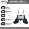 Walk-Behind Outdoor Hand Push Floor Sweeper – 5.25 Gallon Capacity – 25.5′′ Sweeping Width – Sweeps up to 27,900 ft2 / Hour, Grey
