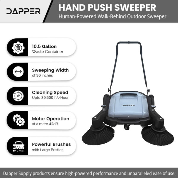 01cea831b70241bcafb168fda2f292c8 Walk-Behind Outdoor Hand Push Floor Sweeper – 5.25 Gallon Capacity – 25.5′′ Sweeping Width – Sweeps up to 27,900 ft2 / Hour, Grey