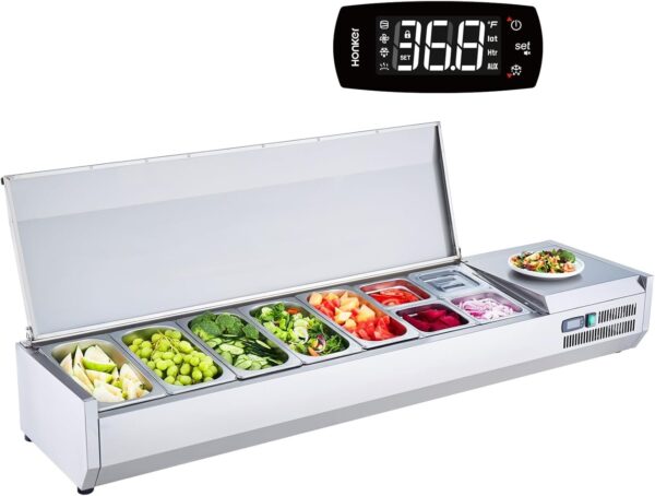 01ee37120c7a445983a8c4f963af9c2a Refrigerated Condiment Prep Station, 135 W Countertop Refrigerated Condiment Station, with 2 1/3 Pans & 4 1/6 Pans, 304 Stainless Body and PC Lid, Sandwich Prep Table with Stainless Guard, ETL