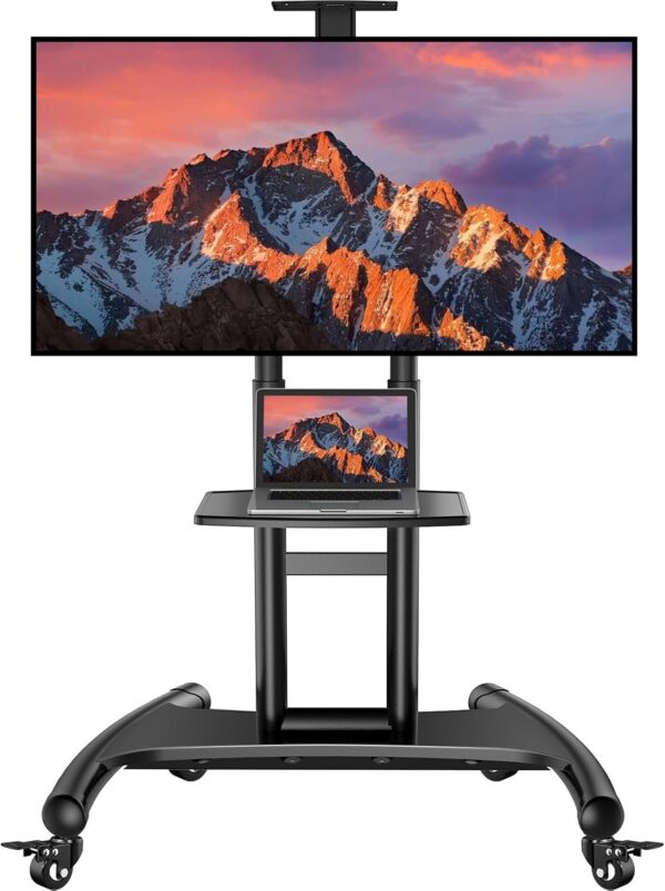 Rolling/Mobile TV Cart with Wheels for 32-82 Inch LCD LED 4K Flat Screen TVs – TV Floor Stand with Shelf Holds Up to 100 lbs, Height Adjustable Trolley Max VESA 600x400mm- PSTVMC05