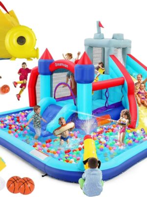 Inflatable Water Slides for Kids 8-in-1 Bounce House Water Park with 450W Blower Climbing Wall, Splash Pool, 2 Water Cannons, Basketball Hoop, Water Slide, Crocodile Sprinkler for Gift Backyard Party