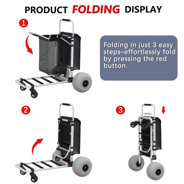GDLF Foldable Beach Cart with Adjustable Handle and 12′′ Balloon Wheels, Heavy Duty Aluminum 220LBS Capacity