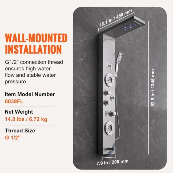 Shower Panel System, 6 Shower Modes, LED & Display Shower Panel Tower, Rainfall, Waterfall, 4 Body Massage Jets, Tub Spout, Handheld Shower Head 59′′ Hose, Stainless Steel Wall-Mounted Shower Set