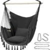 Y- Stop Hammock Chair Hanging Rope Swing, Max 500 Lbs, 2 Cushions Included, Large Macrame Hanging Chair with Pocket for Superior Comfort, with Hardware Kit (Beige)