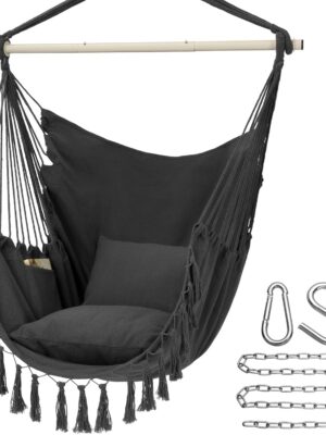 Y- Stop Hammock Chair Hanging Rope Swing, Max 500 Lbs, 2 Cushions Included, Large Macrame Hanging Chair with Pocket for Superior Comfort, with Hardware Kit (Beige)