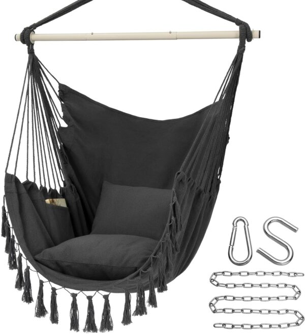 0331104fd1b94a91b59ffddaed950912 Y- Stop Hammock Chair Hanging Rope Swing, Max 500 Lbs, 2 Cushions Included, Large Macrame Hanging Chair with Pocket for Superior Comfort, with Hardware Kit (Beige)