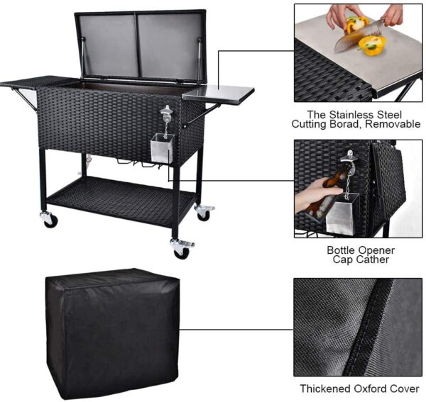 037a06f9f19e485e87f558c50862f26b 80 Quart Rattan Rolling Cooler Cart, Portable Wicker Cooler Trolley, Backyard Party Drink Beverage Bar