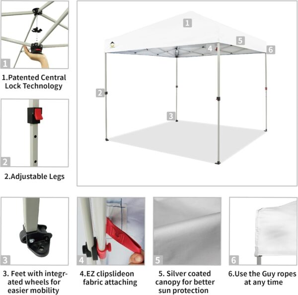 CROWN SHADES 10×10 Pop Up Canopy – Beach Tent with One Push Setup – Easy Outdoor Sun Shade for Events, Parties, Camping – Gazebo with STO-N-Go Cover Bag, Silver Coated Top, White