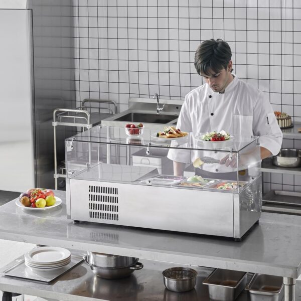 03cf7b2d2ff743e29c11297f7472c637 Refrigerated Condiment Prep Station, 135 W Countertop Refrigerated Condiment Station, with 2 1/3 Pans & 4 1/6 Pans, 304 Stainless Body and PC Lid, Sandwich Prep Table with Stainless Guard, ETL
