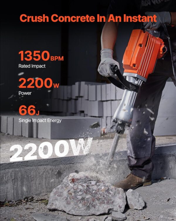 Demolition Jack Hammer, 1350 BPM Concrete Breaker 6pcs Chisels Bit Chipping with Case, 2200W Electric Jackhammer Heavy Duty, Black