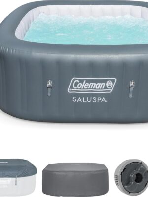 4 to 6 Person Inflatable Hot Tub Square Portable Outdoor Spa with 114 Soothing AirJets and Insulated Cover, Gray-Coleman