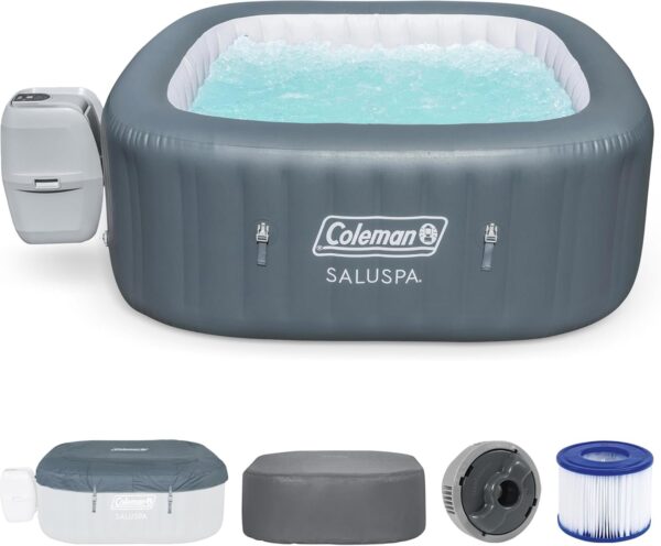 045e9bbba6ef4246a2da39e4b52fe511 4 to 6 Person Inflatable Hot Tub Square Portable Outdoor Spa with 114 Soothing AirJets and Insulated Cover, Gray-Coleman