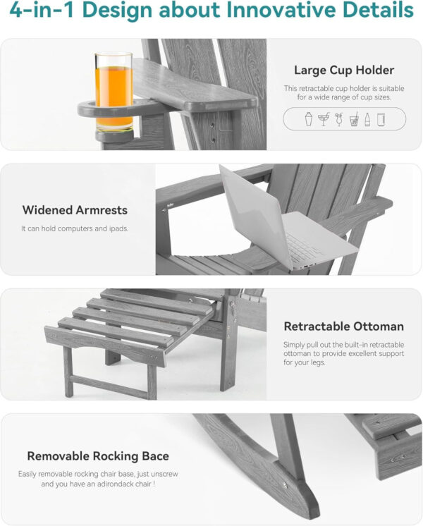 047510a634ec4880bf07c43f3a4896b8 Folding Adirondack Rocking Chair,4-in-1 Multifunctional Patio Chair with Retractable Ottoman, Outdoor Chair Wood Texture, Lawn Chair for Porch, Backyard, Pool(Grey)