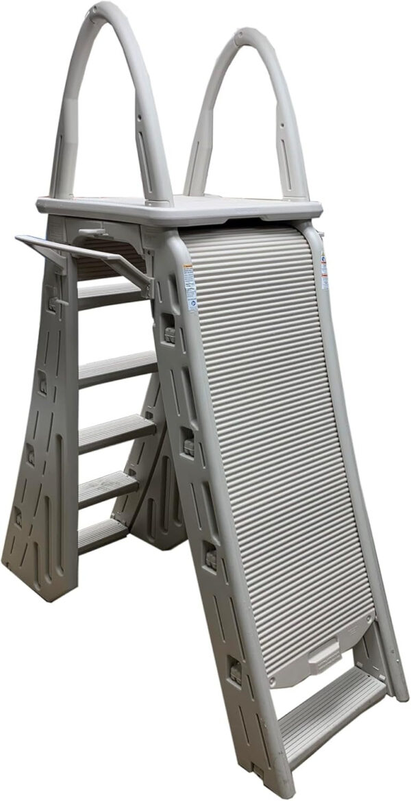 Confer Plastics 7200 Roll Guard 48′′ to 56′′ Adjustable A Frame Safety Ladder for Above Ground Outdoor Patio Swimming Pool Platform Ladder with Step Barrier, Warm Grey...