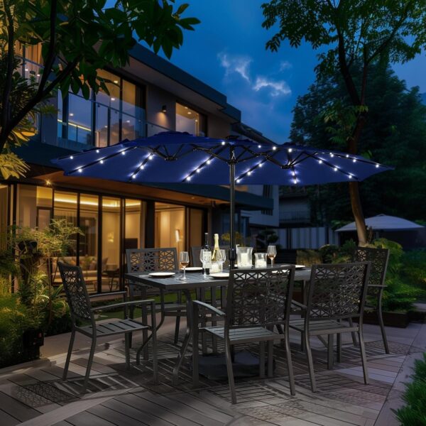 055ada26e71140c4a569375480b18620 15 ft Large Patio Umbrella with Solar Lights Double-Sided Outdoor Rectangle Market Umbrellas with 36 LED Lights/Base Included/Easy Crank for Patio Garden Yard Pool Lawn, Brown