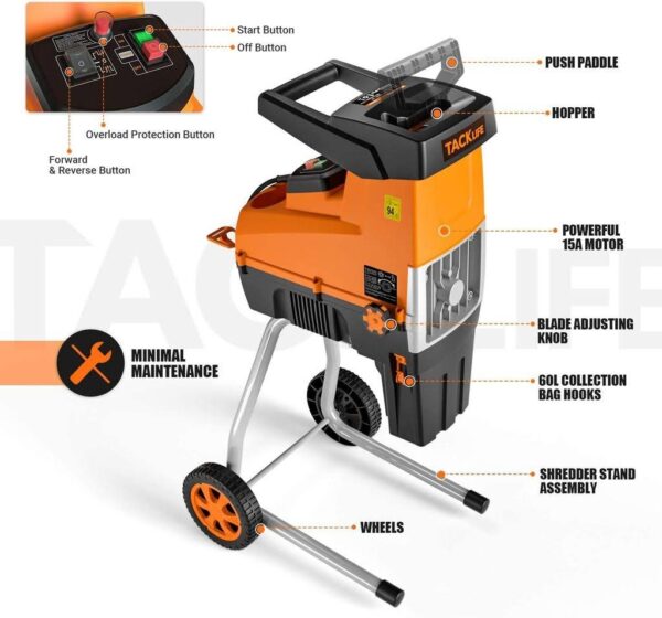 Wood Chipper, 15-Amp Garden Shredder, 60L Collection Bag – Tkws01a