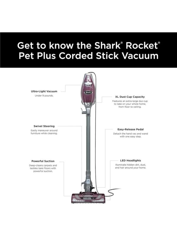 HV322 Rocket Deluxe Pro Corded Stick Vacuum with LED Headlights, XL Dust Cup, Lightweight, Perfect for Pet Hair Pickup, Converts to a Hand Vacuum, with Pet Attachments, Bordeaux/Silver