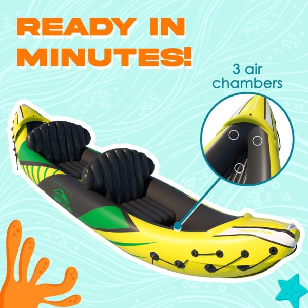 070add92a1fe4237bb77d00e934d69ca KP Inflatable Kayak 2 Person with Sun Canopy (Detachable) + Kayaks for Adults + 3rd Seat for Dog/Child + Waterproof Phone Bags + Adjustable Seats + Kayak + Backrests & More + New 2024 + Yellow Green
