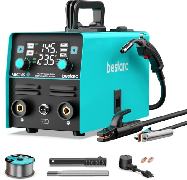 07239700b642486d8524b29f7dd06ab3 145A MIG Welder, 110V/220V Dual Voltage Gas/Gasless Flux Core MIG Welder/Lift TIG/Stick 3 in 1 Synergic MIG145 9GEN Welding Machine, Flux/Solid Welder Digital Screen Display