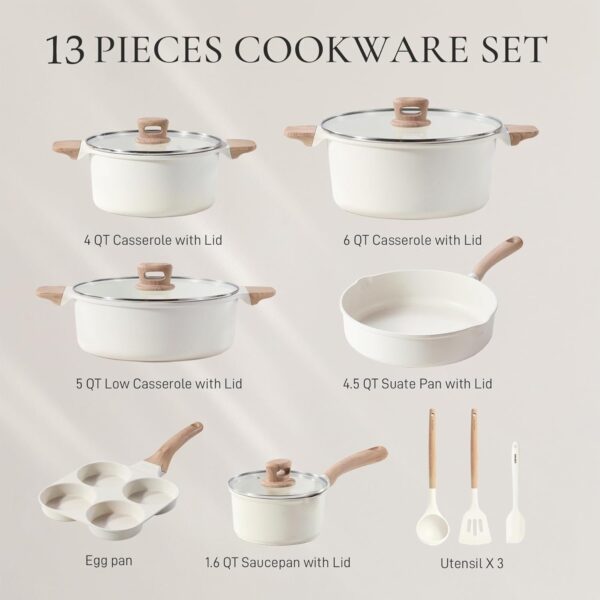 22pcs Pots and Pans Set Nonstick, Cookware Set White Granite Induction Kitchen Cooking Set w/Frying Pans & Saucepans& Grill Pan(PFOS, PFOA Free)