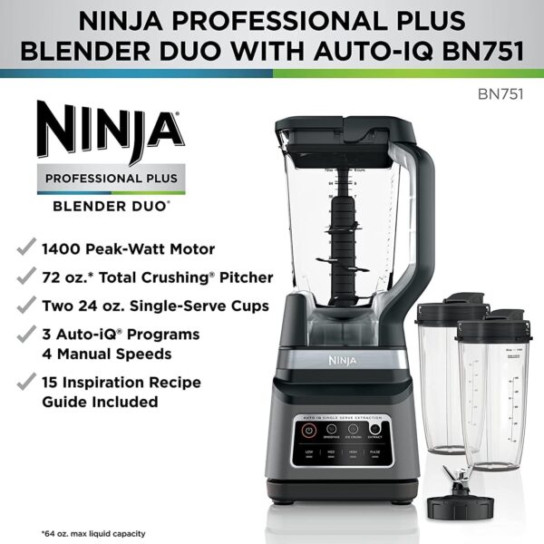 BN801 Professional Plus Kitchen System, 1400 WP, 5 Functions for Smoothies, Chopping, Dough & More with Auto IQ, 72-oz.* Blender Pitcher, 64-oz. Processor Bowl, (2) 24-oz. To-Go Cups, Grey