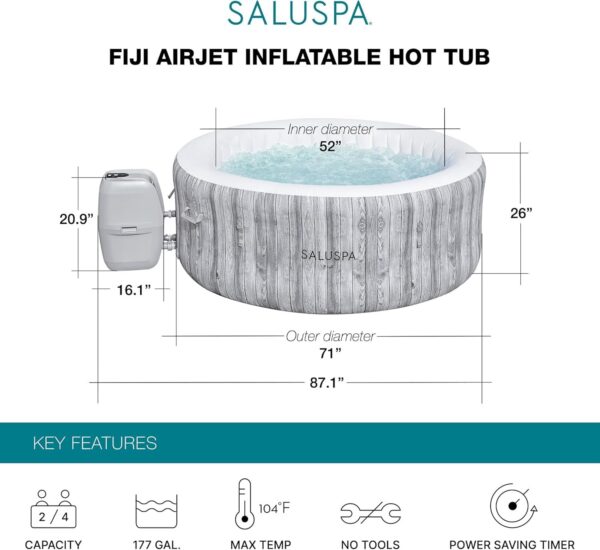 Bestway SaluSpa Fiji AirJet Large Round 2 to 4 Person Inflatable Hot Tub Portable Outdoor Spa with 120 AirJets and EnergySense Cover, Grey