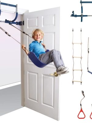 6 Piece Indoor Doorway Gym Set for Kids �� Indoor Swing for Kids Includes Kids Swing Chair, Rings, Hanging Trapeze, Ladder, Swinging Rope & Pullup Bar