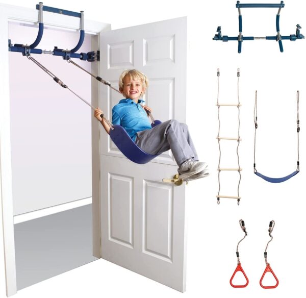 6 Piece Indoor Doorway Gym Set for Kids �� Indoor Swing for Kids Includes Kids Swing Chair, Rings, Hanging Trapeze, Ladder, Swinging Rope & Pullup Bar