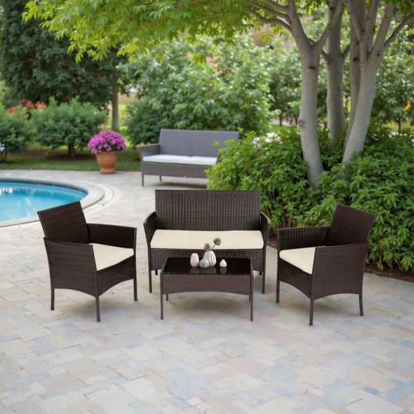 Patio Furniture Set 4 Pieces Outdoor Rattan Chair Wicker Sofa Garden Conversation Bistro Sets for Yard (Brown)