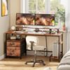 Furologee Computer Desk with Drawer and Power Outlets, 47′′ Office Desk with 2 Monitor Stands and Fabric File Cabinet, Writing Gaming Table with Shelves and 2 Hooks for Home Office, Rustic Brown