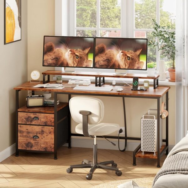 081f72e93a054dd5b5f8cc852c4f1212 Furologee Computer Desk with Drawer and Power Outlets, 47′′ Office Desk with 2 Monitor Stands and Fabric File Cabinet, Writing Gaming Table with Shelves and 2 Hooks for Home Office, Rustic Brown