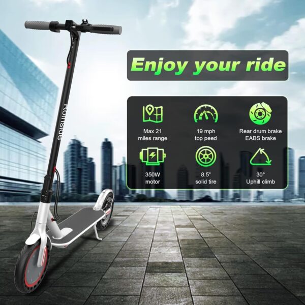 Electric Scooter – 8.5′′ Solid Tires, 350W Motor, Up to 19 MPH and 21-23 Miles Long-Range Portable Foldable Commuting Scooter for Adults with Double Braking System and App