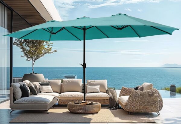 09b48b40d4214c8b88b6d8659200feba 15ft Patio Umbrella Double-Sided Outdoor Market Extra Large Umbrella with Crank, Umbrella Base Included (Dark Red)