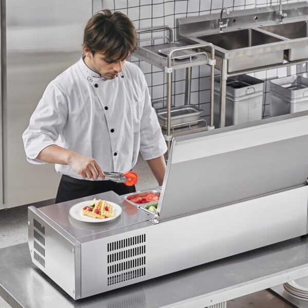 09c69731ef5d45639792c13744126292 Refrigerated Condiment Prep Station, 135 W Countertop Refrigerated Condiment Station, with 2 1/3 Pans & 4 1/6 Pans, 304 Stainless Body and PC Lid, Sandwich Prep Table with Stainless Guard, ETL