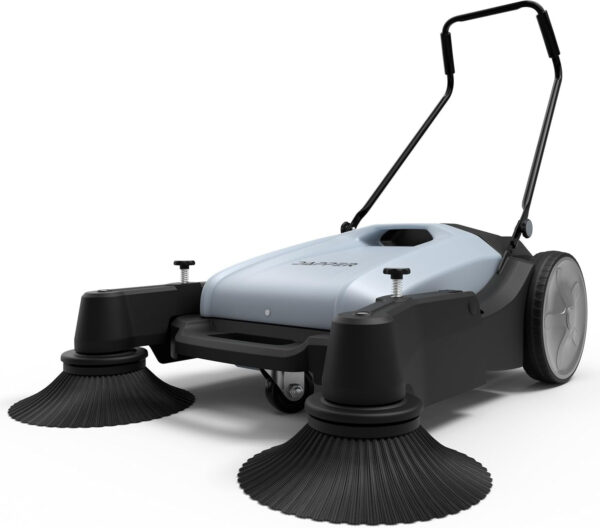 0b2c5585f18e47d7ae2189001b9f648c Walk-Behind Outdoor Hand Push Floor Sweeper – 5.25 Gallon Capacity – 25.5′′ Sweeping Width – Sweeps up to 27,900 ft2 / Hour, Grey