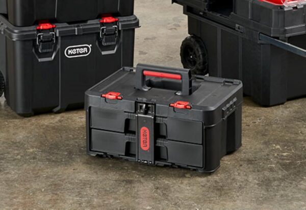 Keter Stack-n-Roll Modular Tools Organizer for Garage Storage and DIY, 3 Piece Resin Rolling Tool Box System for Small Parts