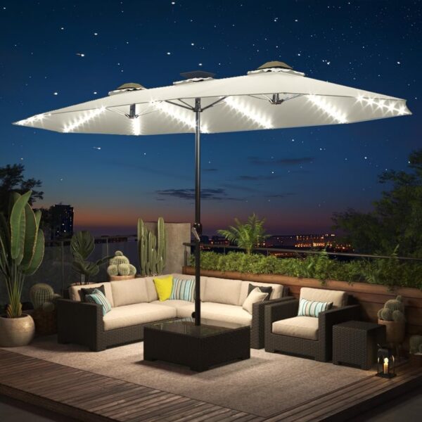 0c62fb65e68143e29f07ee323f827e68 15ft Patio Umbrella with Solar Lights, Large Double Umbrella Outdoor, Rectangle 180”x106” Umbrellas with 156 PCS LED Lights and Crank Handle for Backyard Deck Pool Shade in Black(1.9′′ Pole)