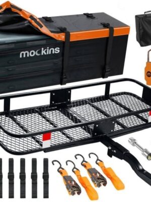 Mockins MA-30 500 lbs. Capacity Hitch Mount Cargo Carrier Set with Cargo Bag, Basket, Ratchet Straps, Foldable Shank and 2 in. Raise