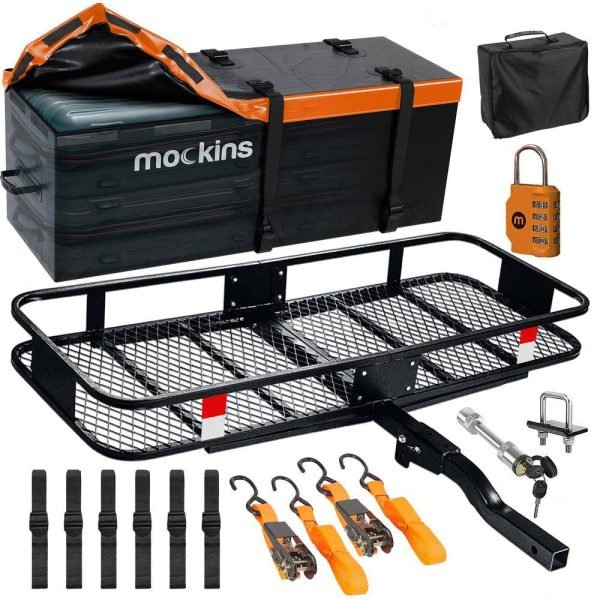 0cf6308f80494a8f877cfde7999df182 Mockins MA-30 500 lbs. Capacity Hitch Mount Cargo Carrier Set with Cargo Bag, Basket, Ratchet Straps, Foldable Shank and 2 in. Raise