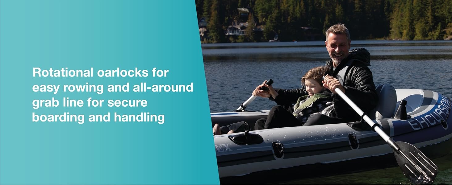 Rotational oarlocks for easy rowing and all-around grab line for secure boarding and handling