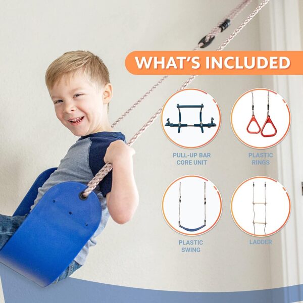 6 Piece Indoor Doorway Gym Set for Kids �� Indoor Swing for Kids Includes Kids Swing Chair, Rings, Hanging Trapeze, Ladder, Swinging Rope & Pullup Bar