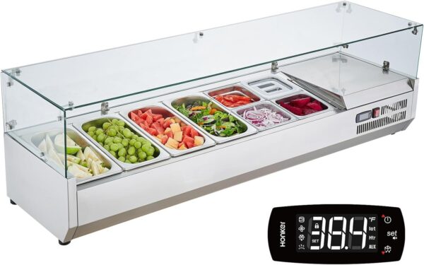 0ec7f4d49f84478d9d6dfc238616cc71 Refrigerated Condiment Prep Station, 135 W Countertop Refrigerated Condiment Station, with 2 1/3 Pans & 4 1/6 Pans, 304 Stainless Body and PC Lid, Sandwich Prep Table with Stainless Guard, ETL