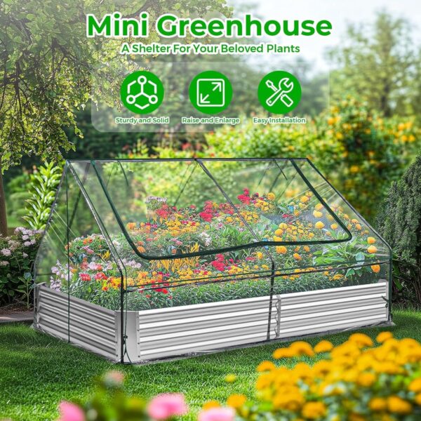 Land Guard 6x3x1ft Galvanized Raised Garden Bed with Waterproof Cover Small Mini Portable Antifreeze Greenhouse Kit for Metal Planter Box with 2 Huge Roll-up Zipper Door Window