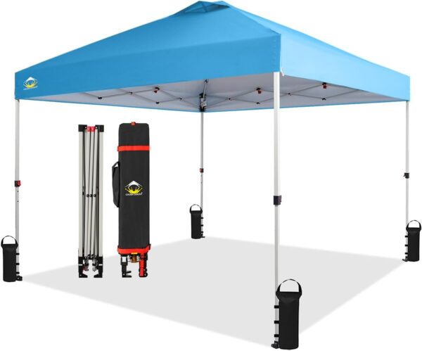 CROWN SHADES 10×10 Pop Up Canopy – Beach Tent with One Push Setup – Easy Outdoor Sun Shade for Events, Parties, Camping – Gazebo with STO-N-Go Cover Bag, Silver Coated Top, White